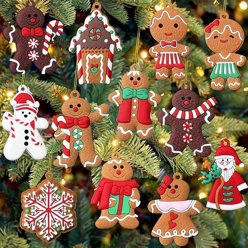 12pcs Christmas Ornaments Cute Snowman Xmas Tree Decorations Santa Claus Plastic Figurines Ornaments with Sugar Cookie House for Christmas Tree Hanging Party DIY Decor 3 Inch Tall