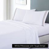 Soft Microfibre Embroidered Stripe Sheet Set - KING - white sheet taupe stripe