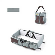 Load image into Gallery viewer, Grey-Brown Patchwork Multifunctional Foldable Baby Crib Mommy Bag | Large Capacity Diaper Bag | Portable Shoulder and Handheld Baby Essentials Bag