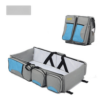 Load image into Gallery viewer, Grey-Blue Patchwork Multifunctional Foldable Baby Crib Mommy Bag | Large Capacity Diaper Bag | Portable Shoulder and Handheld Baby Essentials Bag