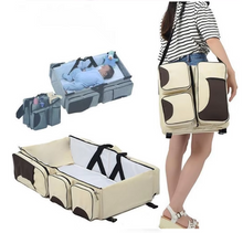 Load image into Gallery viewer, Grey-Blue Patchwork Multifunctional Foldable Baby Crib Mommy Bag | Large Capacity Diaper Bag | Portable Shoulder and Handheld Baby Essentials Bag