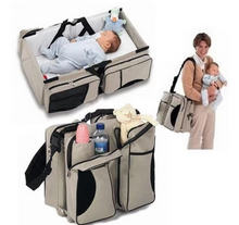 Load image into Gallery viewer, Beige-Brown Patchwork Multifunctional Foldable Baby Crib Mommy Bag | Large Capacity Diaper Bag | Portable Shoulder and Handheld Baby Essentials Bag