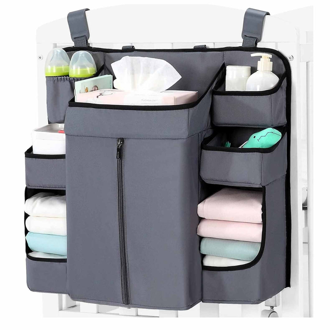 Dark grey Foldable Baby Crib Storage Hanging Bag - Large Capacity Organizer for Cribs and Changing Tables
