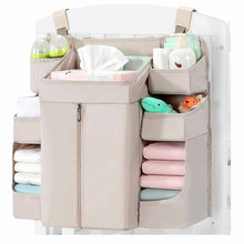 Load image into Gallery viewer, Beige Foldable Baby Crib Storage Hanging Bag - Large Capacity Organizer for Cribs and Changing Tables