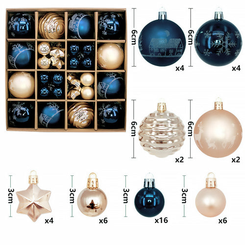 Navy blue and white 44-Piece Assorted Christmas Baubles Set with Elegant Designs in Wooden Gift Box - 3-6cm Decorative Ornaments for Tree, Home & Holiday Display