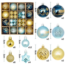 Load image into Gallery viewer, Blue and gold 44-Piece Assorted Christmas Baubles Set with Elegant Designs in Wooden Gift Box - 3-6cm Decorative Ornaments for Tree, Home &amp; Holiday Display