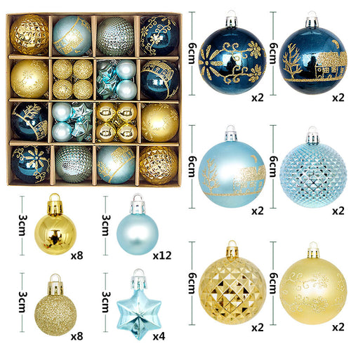 Blue and gold 44-Piece Assorted Christmas Baubles Set with Elegant Designs in Wooden Gift Box - 3-6cm Decorative Ornaments for Tree, Home & Holiday Display