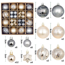 Load image into Gallery viewer, Grey and champagne gold 44-Piece Assorted Christmas Baubles Set with Elegant Designs in Wooden Gift Box - 3-6cm Decorative Ornaments for Tree, Home &amp; Holiday Display