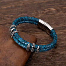 Load image into Gallery viewer, Mens Stainless Steel Vintage Blue Leather - Gold Dragon Claw Punk Jewellery