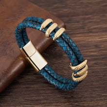 Load image into Gallery viewer, Mens Stainless Steel Vintage Blue Leather - Gold Dragon Claw Punk Jewellery