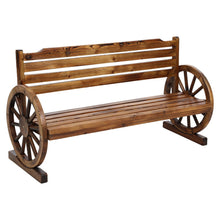 Laden Sie das Bild in den Galerie-Viewer, Wooden 3 Seater Garden Bench With Wagon Wheels - Outdoor Furniture