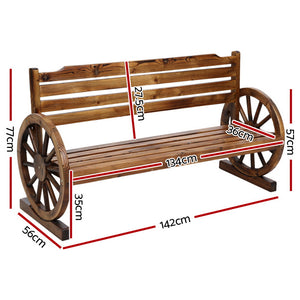 Wooden 3 Seater Garden Bench With Wagon Wheels - Outdoor Furniture