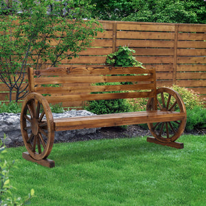 Wooden 3 Seater Garden Bench With Wagon Wheels - Outdoor Furniture