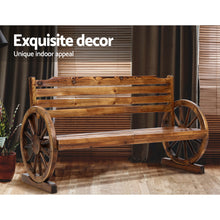 Laden Sie das Bild in den Galerie-Viewer, Wooden 3 Seater Garden Bench With Wagon Wheels - Outdoor Furniture