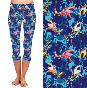 Ladies Coloured Shark Printed Capri Leggings