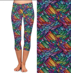 Ladies 3D Colourful Feathers Digital Printed Capri Leggings