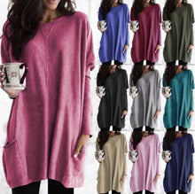 Charger l&#39;image dans la galerie, Ladies Solid Colour O-Neck Casual Long Sleeve Oversized Tee W/Pockets
