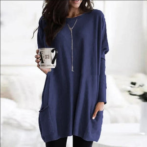 Ladies Solid Colour O-Neck Casual Long Sleeve Oversized Tee W/Pockets
