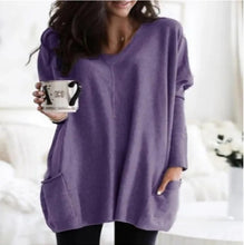 Charger l&#39;image dans la galerie, Ladies Solid Colour O-Neck Casual Long Sleeve Oversized Tee W/Pockets