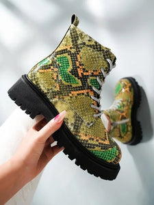 Ladies Snake Print Thick Sole Zip-Up Ankle Boots