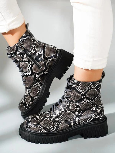 Ladies Snake Print Thick Sole Zip-Up Ankle Boots