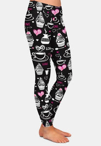 Womens 3D Black Coffee Patterned Leggings