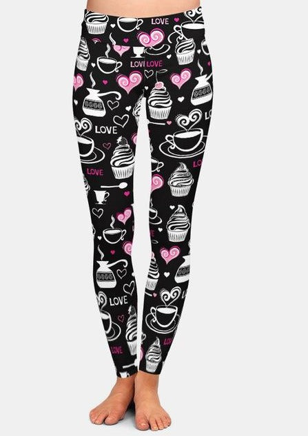 Womens 3D Black Coffee Patterned Leggings