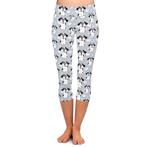 Ladies Cute 3D Cartoon Dogs and Paw Prints Capri Leggings