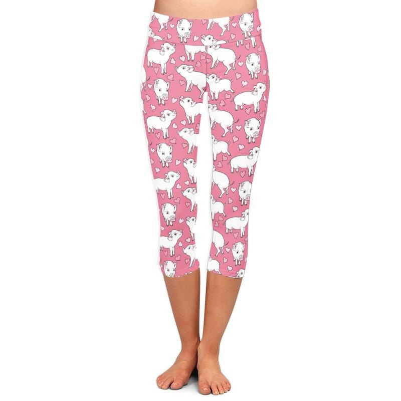 Ladies Cute Cartoon Pig Printed Pink Capri Leggings