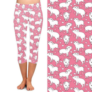 Ladies Cute Cartoon Pig Printed Pink Capri Leggings