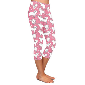 Ladies Cute Cartoon Pig Printed Pink Capri Leggings