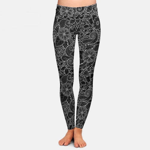 Ladies Black With White Lace Printed Leggings