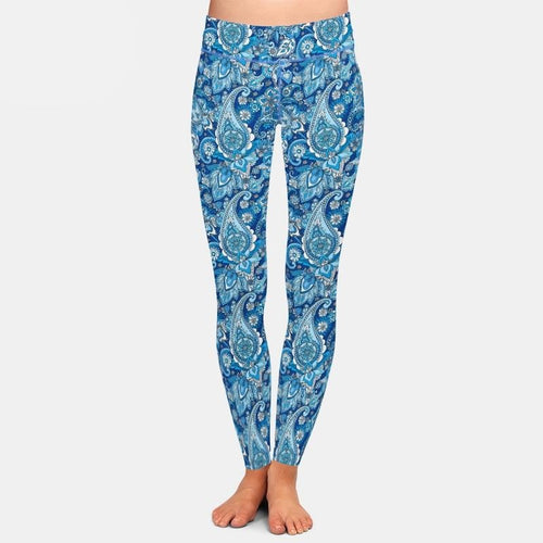 Ladies Blue 3D Paisley Printed Leggings