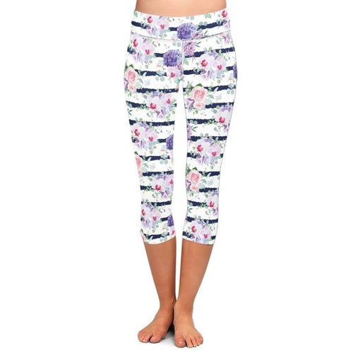 Ladies Stripes With Flowers Printed Capri Leggings