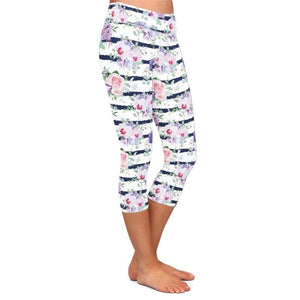 Ladies Stripes With Flowers Printed Capri Leggings