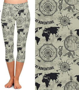 Womens Beautiful Great Adventure Map Printed Capri Leggings