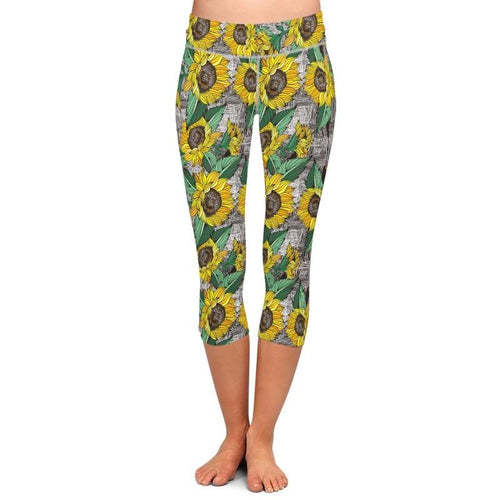 Ladies Fashion Sunflower Design Digital Printed Capri Leggings