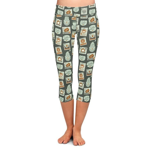 Ladies Adorable Coffee Stamps Printed Capri Leggings