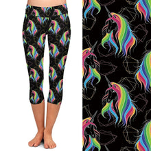 Carica l&#39;immagine nel visualizzatore di Gallery, Ladies Black Capris With 3D Neon Rainbow Unicorns Printed Leggings