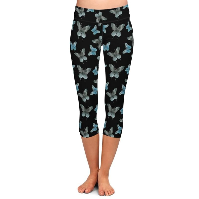 Womens Black Capri Leggings With Beautiful Blue/Grey Butterfly Print