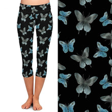 Laden Sie das Bild in den Galerie-Viewer, Womens Black Capri Leggings With Beautiful Blue/Grey Butterfly Print