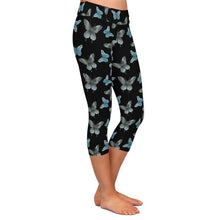 Load image into Gallery viewer, Womens Black Capri Leggings With Beautiful Blue/Grey Butterfly Print
