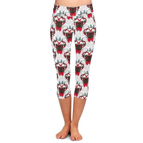 Ladies Cartoon Dogs With Heart Glasses Printed Capri Leggings