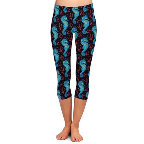 Ladies Gorgeous Blue Seahorse Capri Leggings