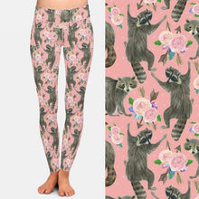 Load image into Gallery viewer, Ladies 3D Cartoon Raccoon &amp; Flowers Printed Leggings