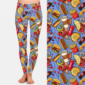 Ladies Fashion Cola Burger Fries Digital Printed Leggings