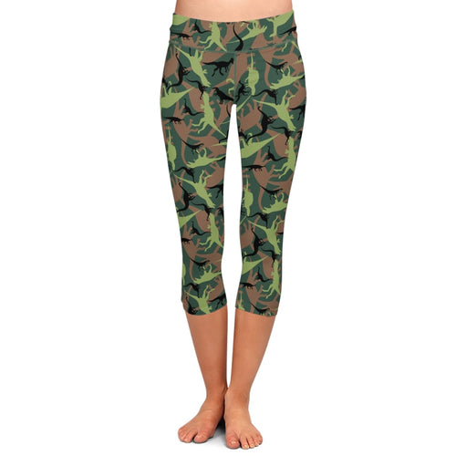 Ladies 3D Cartoon Camo Dinosaurs Printed Capri Leggings