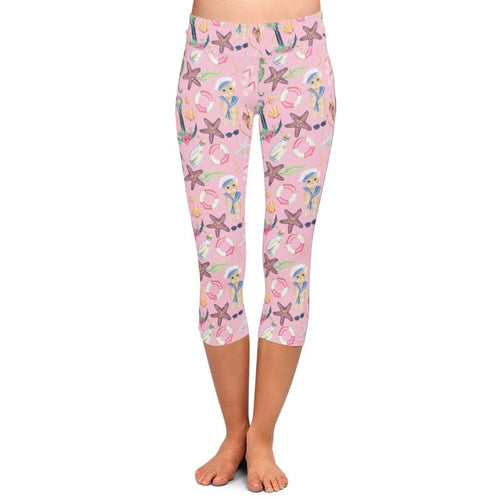 Ladies 3D Sailor Cats, Bottles & Starfish Printed Capri Leggings