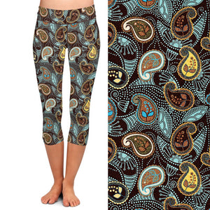 Ladies 3D Cashew Flowers Paisley Printed Capri Leggings