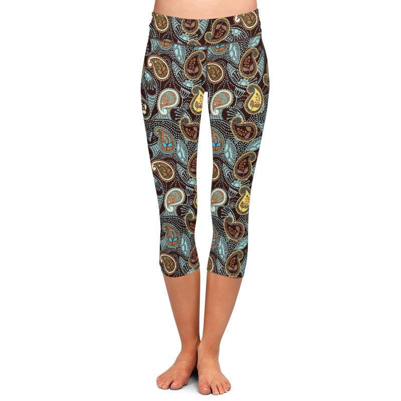 Ladies 3D Cashew Flowers Paisley Printed Capri Leggings